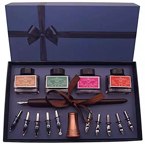 Satin Calligraphy Pen Set – Includes Wooden Dip Pen, Antique Brass Holder, 11 Nibs, 4 Ink Bottles